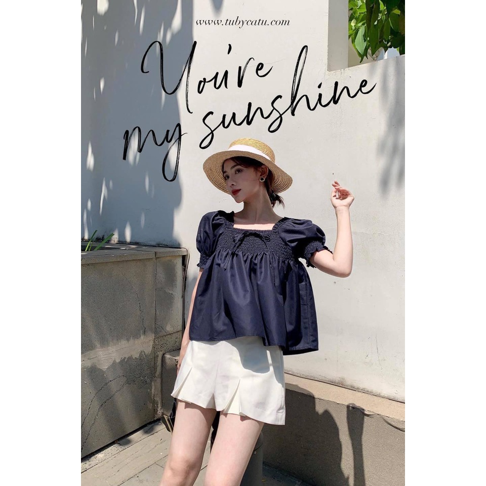 TUBYCATU | Áo off shouder xanh đen chạy thun