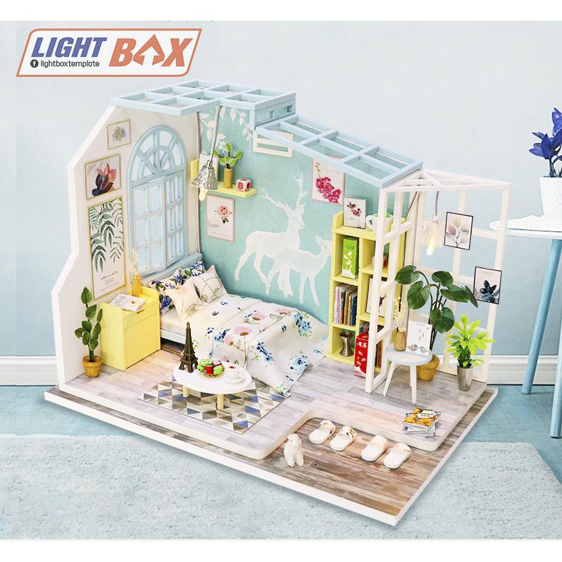 Nhà búp bê Tự làm bằng gỗ  [Nhà Mô Hình có nội thất FAMILY NAP + đèn LED] Tặng kèm khung bảo vệ