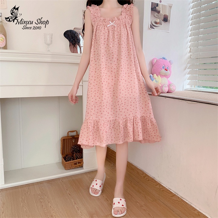 Đầm ngủ mặc nhà hai dây pijama chất vải xốp nhẹ mát, họa tiết xinh xắn Minxu shop V925