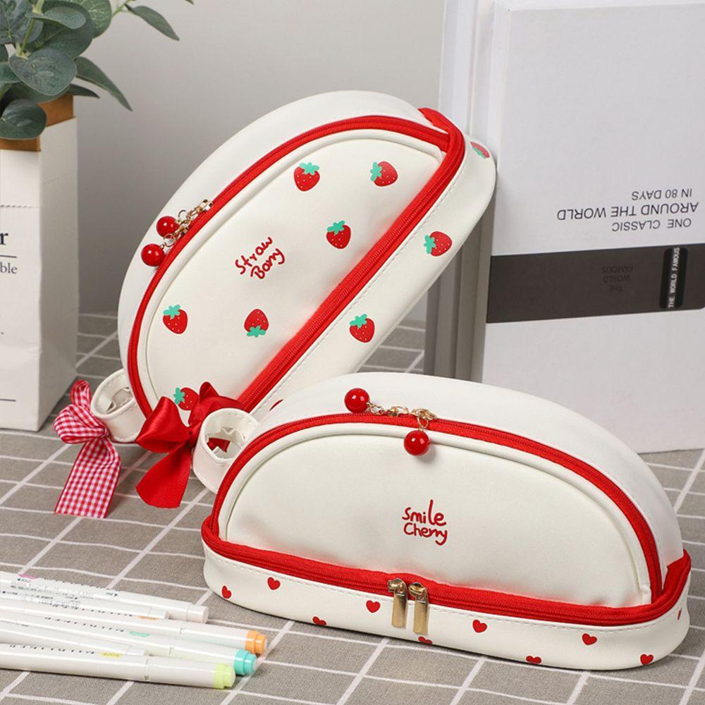 Túi Đựng Bút Hai Ngăn Họa Tiết Cherry Dâu Tây Cỡ Lớn Xinh Xắn Ốp