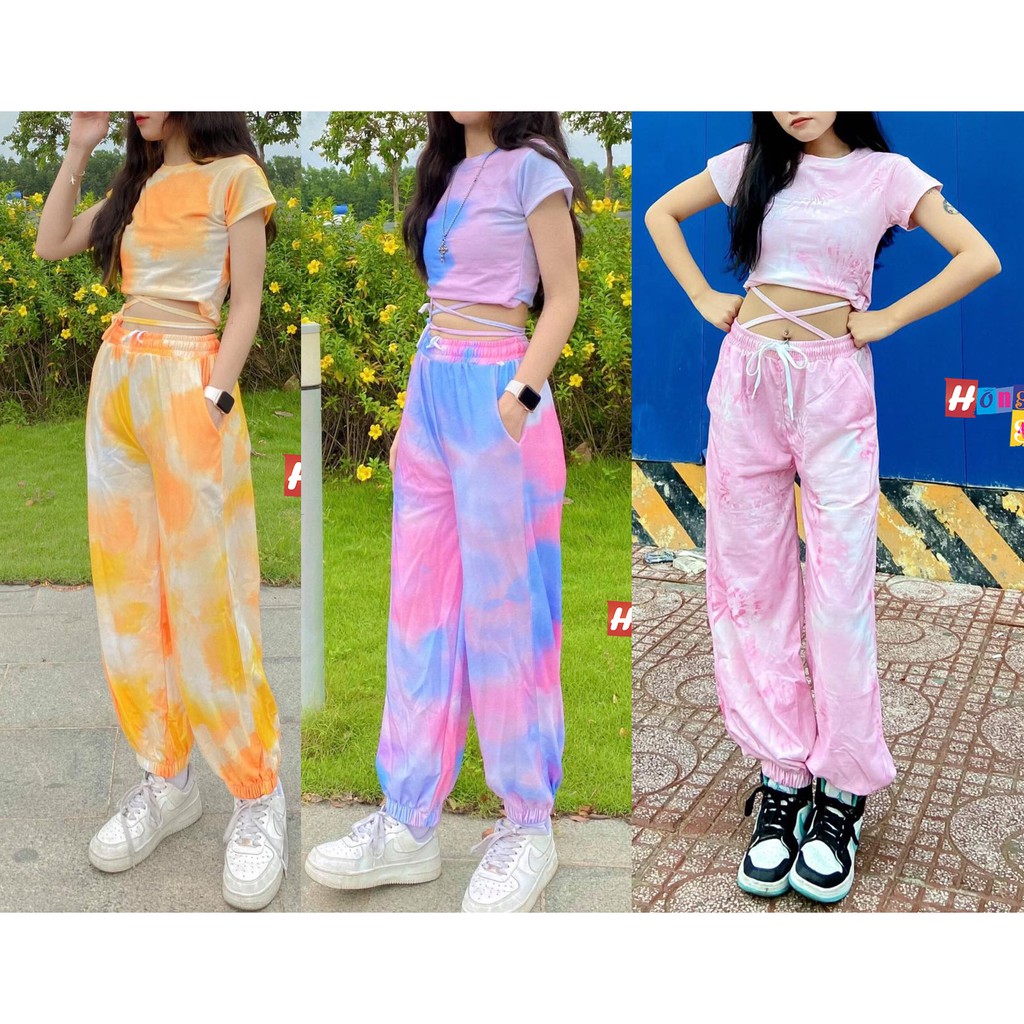 Set Bộ Áo Croptop Body Thắt Eo Phối Quần Jogger 3D Loang Màu Dáng Rộng Ulzzang - MM