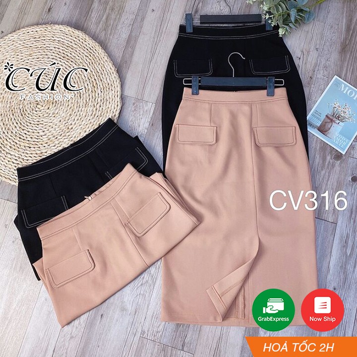 Chân váy đầm bút chì công sở cao cấp dáng dài Cúc Fashion CV316 cv 2 nắp túi xẻ trước