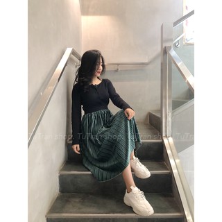 Chân váy nhung dài dập li