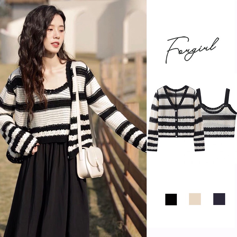 Set 2 chi tiết Forgirl có lỗ phối viền kẻ ngang