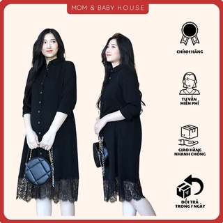 Đầm bầu sơ mi đen chân ren tay dài ( form mặc được sau sinh )