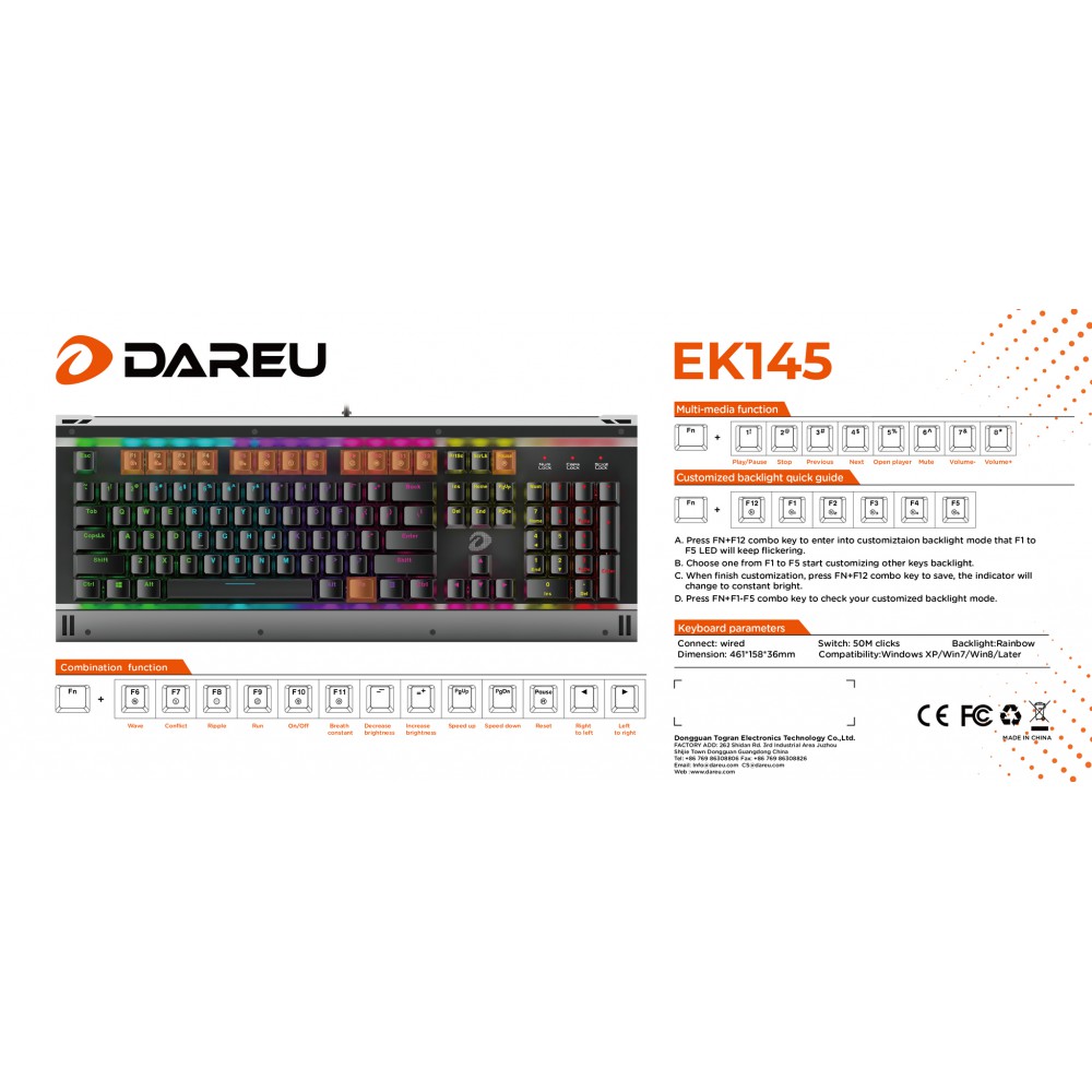 Bàn phím cơ Gaming DAREU EK145 104KEY (MULTI LED, Blue/ Brown/ Red D switch)