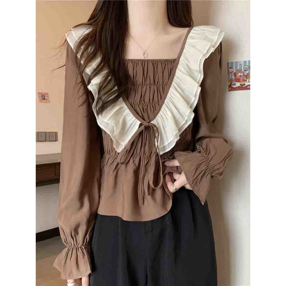Jiashucheng Áo Sơ Mi Dài Tay Phối Bèo Nhẹ Nhàng Phong Cách Hàn Quốc Dễ Phối Đồ Cho Nữ