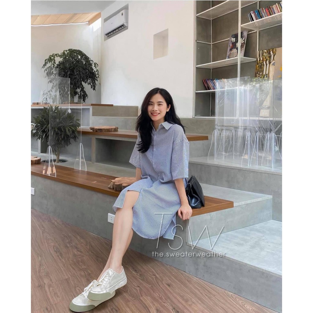 [Ảnh thật/Video] Đầm váy sơ mi kẻ cộc tay basic dáng dài Hàn Quốc  Váy sơ mi phong cách ulzaang