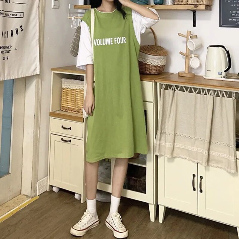 Đầm Tay Ngắn Dáng Rộng In Chữ Thời Trang Hàn Quốc