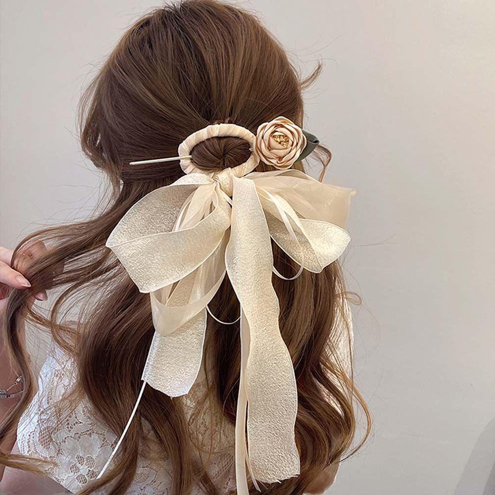 Kẹp Tóc Nơ Vải Lưới Phối Ruy Băng Lụa Phong Cách Trung Hoa Cổ Điển Ngọt Ngào Cho Nữ