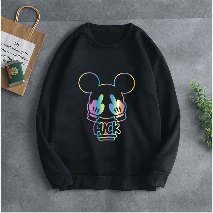 Áo Sweeter Nỉ Trơn Dài Tay In Hình Chuột Mickey Cá Tính Phản Quang