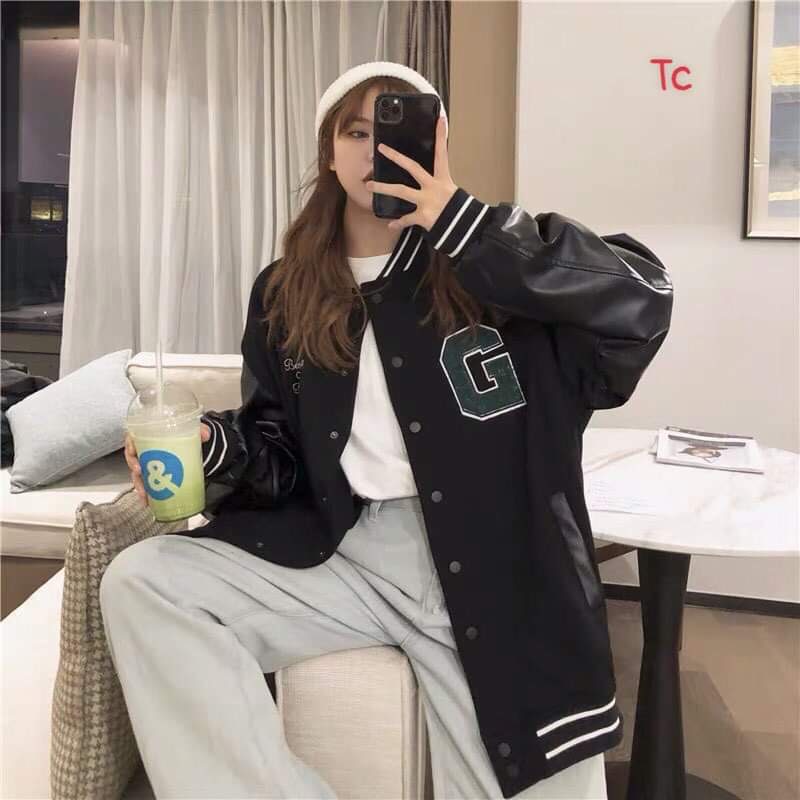 Áo Khoác Bomber nam nữ màu đen thêu chữ G