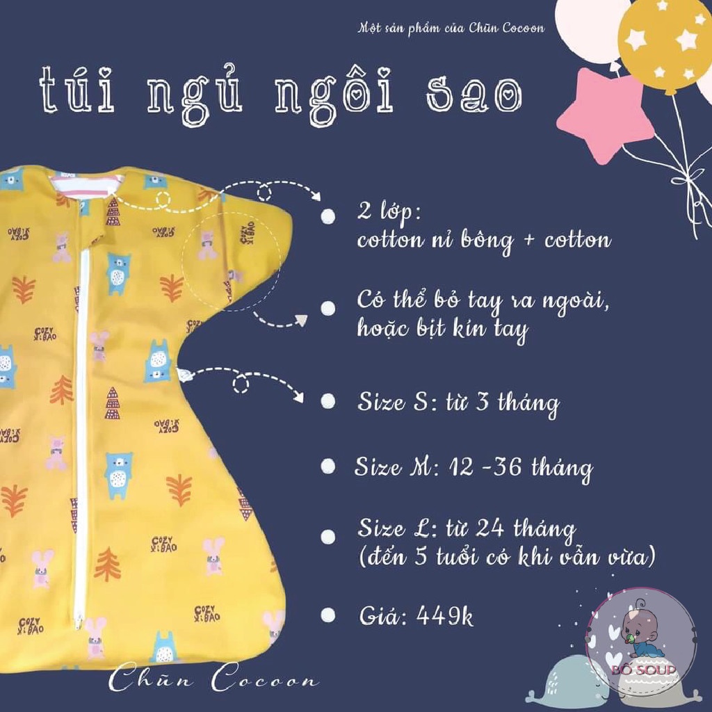 Túi ngủ cho bé chính hãng Chũn cocoon chất liệu cotton hình ngôi sao