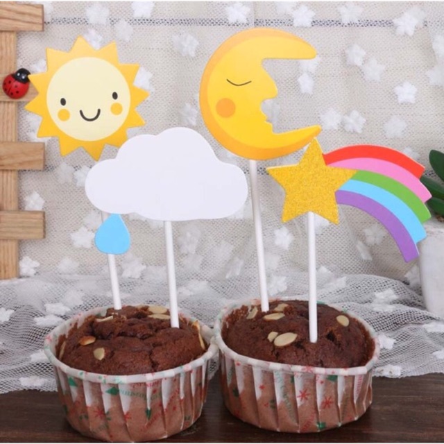 Topper cắm bánh hình mặt trăng, mặt trời, mây, cầu vồng