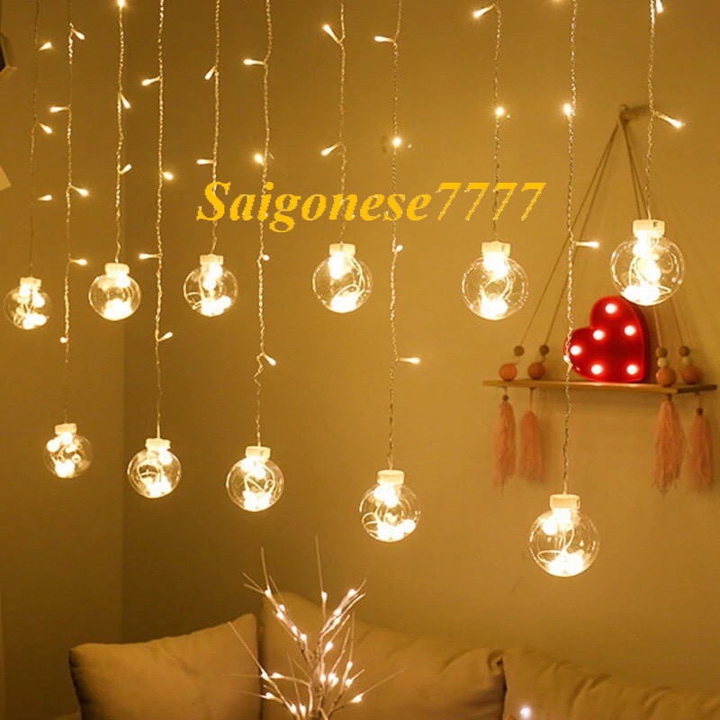 Dài 4 Mét 12 Bóng Đèn Led Hình Cầu Cherry Ball Trang Trí Ngoài Trời Noel Lễ Tết Rèm Đèn Led Chống Nước Xài Điện 220V