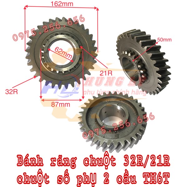 Bánh Răng (Chuột) 32R chéo/21R chuột số phụ 2 cầu TH6T (JD dầy 30mm lỗ phi 62 EQ240 phụ tùng Hùng Lỳ