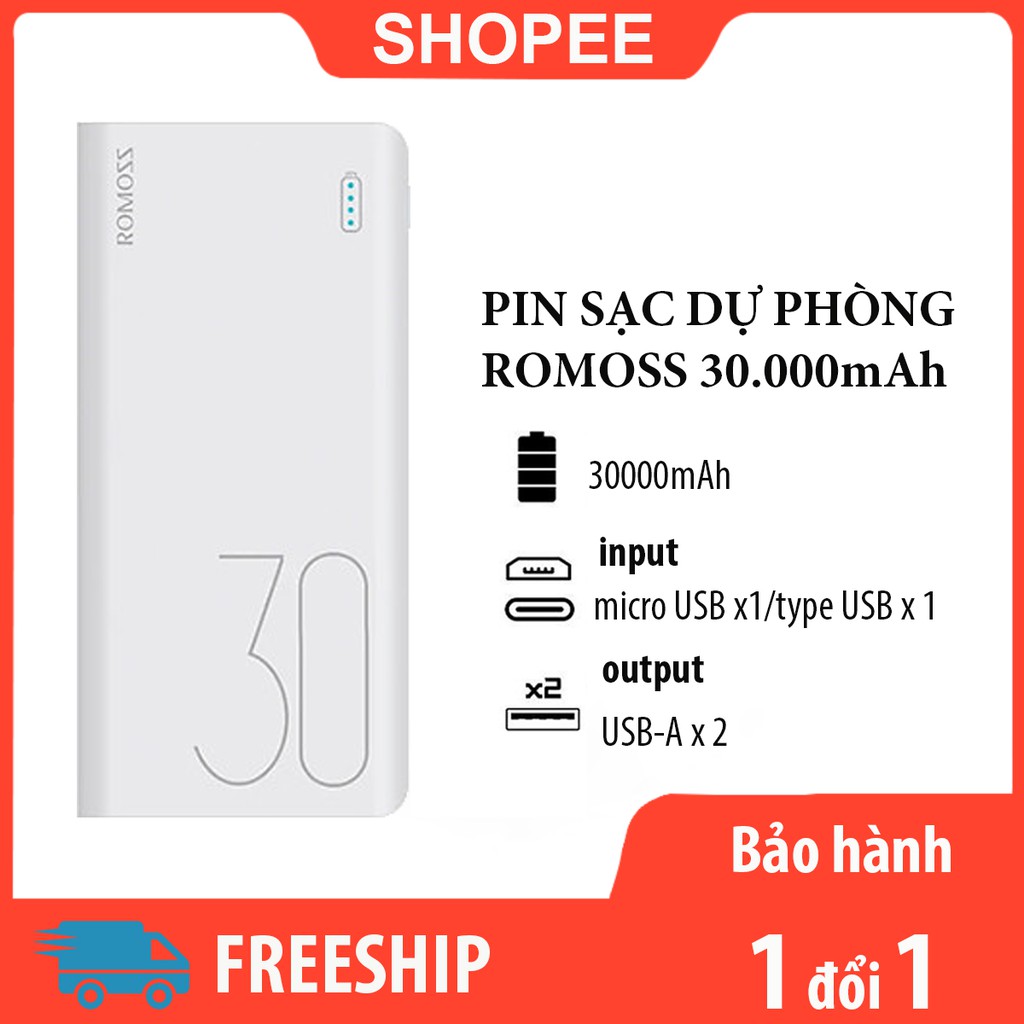 Pin sạc dự phòng Romoss 30000mah sạc nhanh có đèn led báo tình trạng pin đa năng