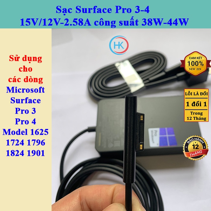 Sạc Surface Pro 3-4 15V/12V-2.58A 30W-38W-44W Microsoft Surface Pro 3 Pro4 Model 1625 1724 1796 1824 1901