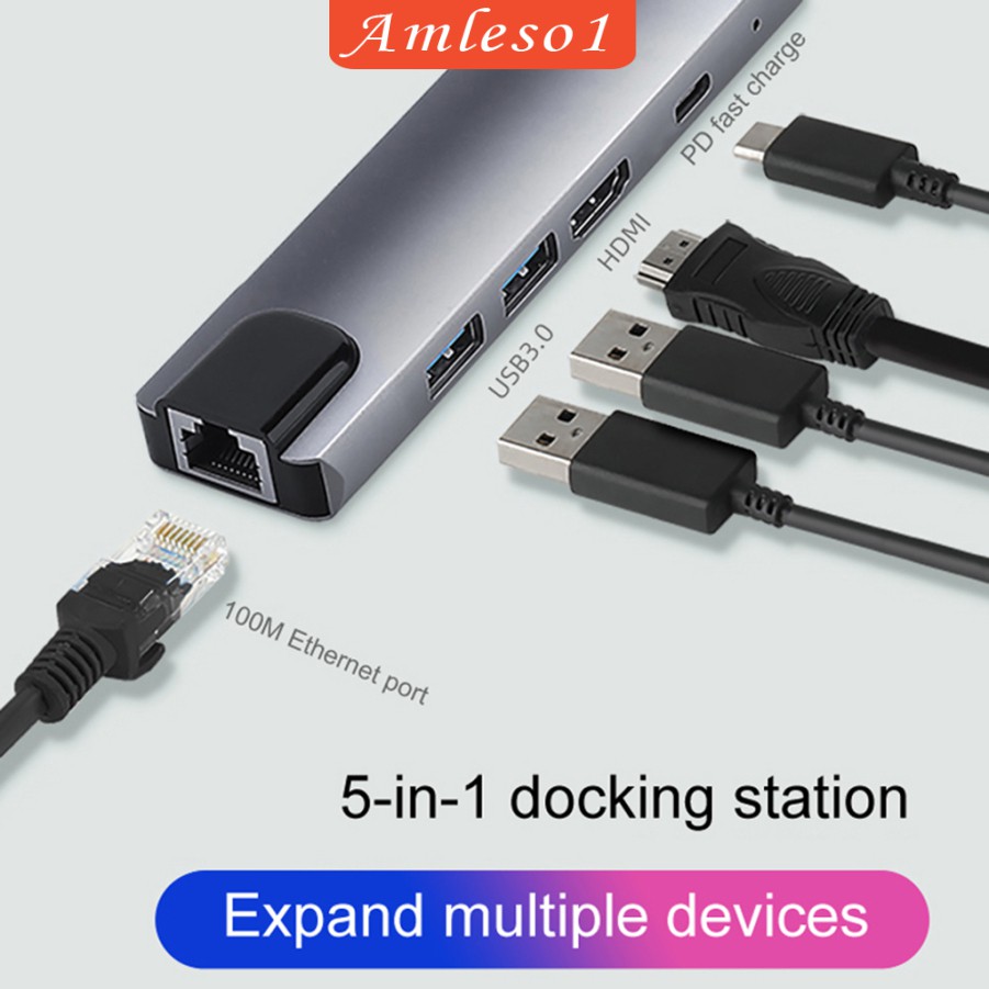 Bộ chuyển đổi nguồn USB type C Hdmi 4K USB 3.0 PD sang Ethernet Rj45 Lan 5 trong 1 | BigBuy360 - bigbuy360.vn