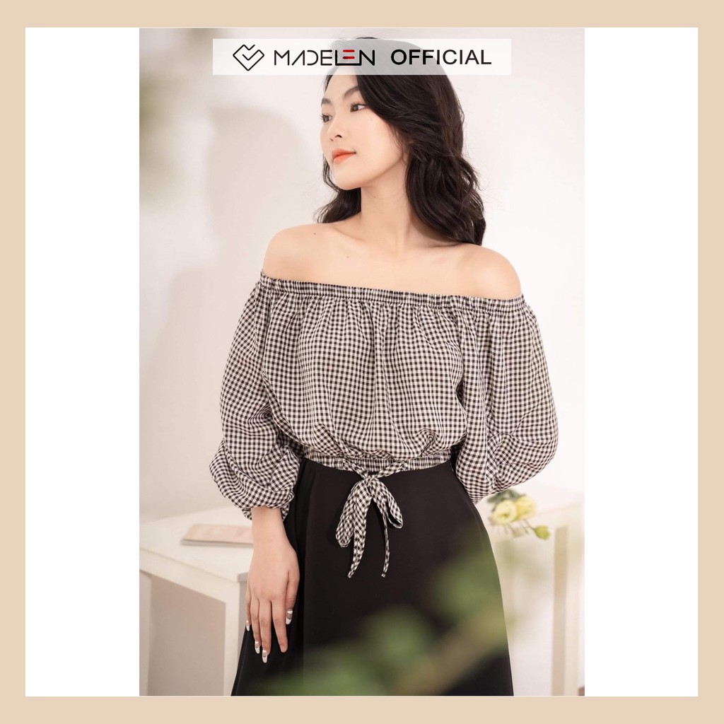 Áo trễ vai dài tay nữ MADELEN màu kẻ gingham đen trắng dáng croptop