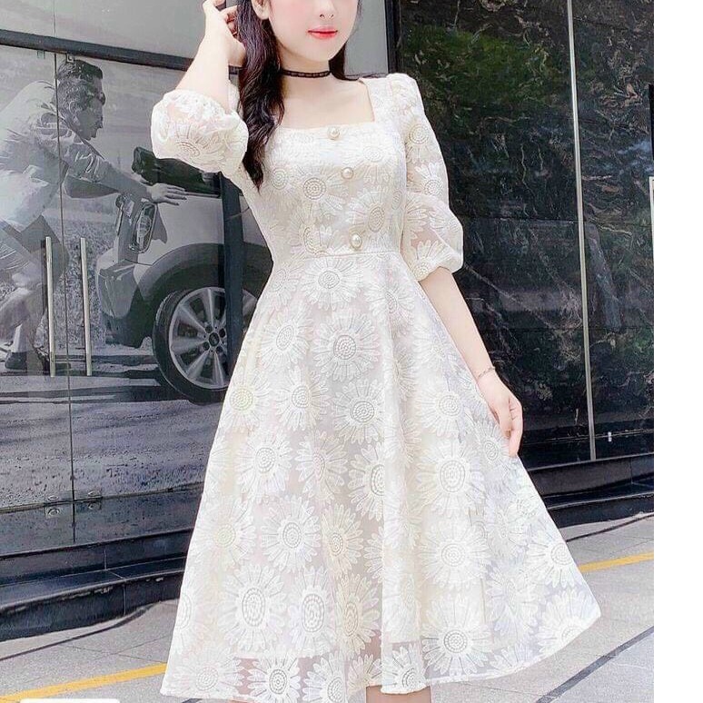 Đầm thiết kế đẹp, váy xòe phối ren trắng hoa cúc nổi cao cấp (ảnh thật)