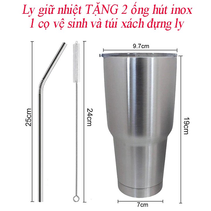 Cốc Giữ Nhiệt Cao Cấp Thái Lan 900ml - Tặng kèm Túi Giữ Nhiệt + 2 Ống hút inox + 1 Cọ rửa