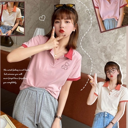 Áo Thun POLO Dệt Kim Tay Ngắn Dáng Rộng Thêu Hình Gấu Dễ Thương