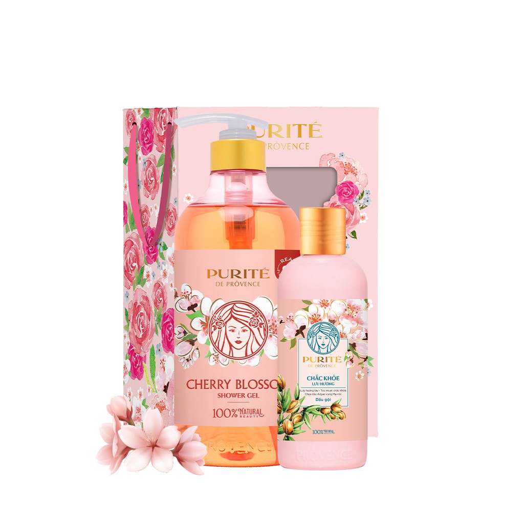 Hộp Quà Purité Sữa Tắm Hoa Anh Đào 850ml + Dầu Gội Hoa Anh Đào 180ml+ Tinh dầu argan 180ml