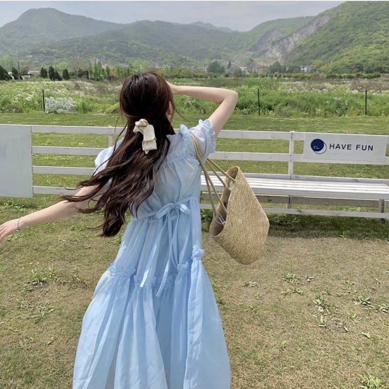 Đầm voan dáng dài xếp ly baby blue