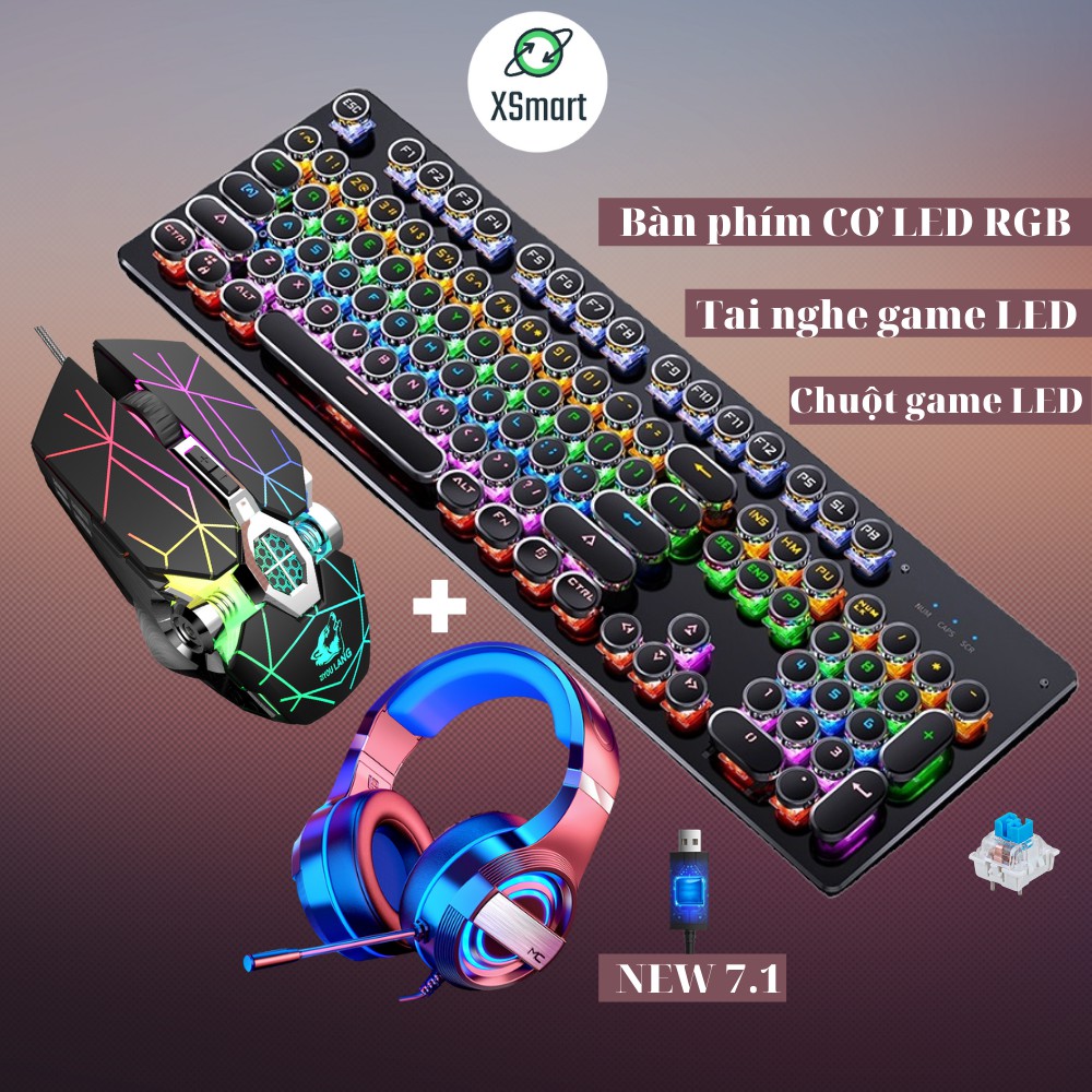 Bộ Bàn phím CƠ chuột và tai nghe chụp tai gaming thế hệ mới FULL LED đổi màu nhiều chế độ T907+V8 tia sét + Q9 NEW 7.1