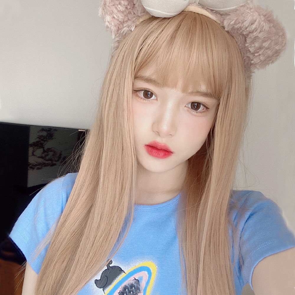 Tóc giả nữ mũ đội đầu thực tế tóc dài thẳng lưới màu đỏ lolita lolita mặt tròn tóc mái bằng jk tóc giả đầy đủ