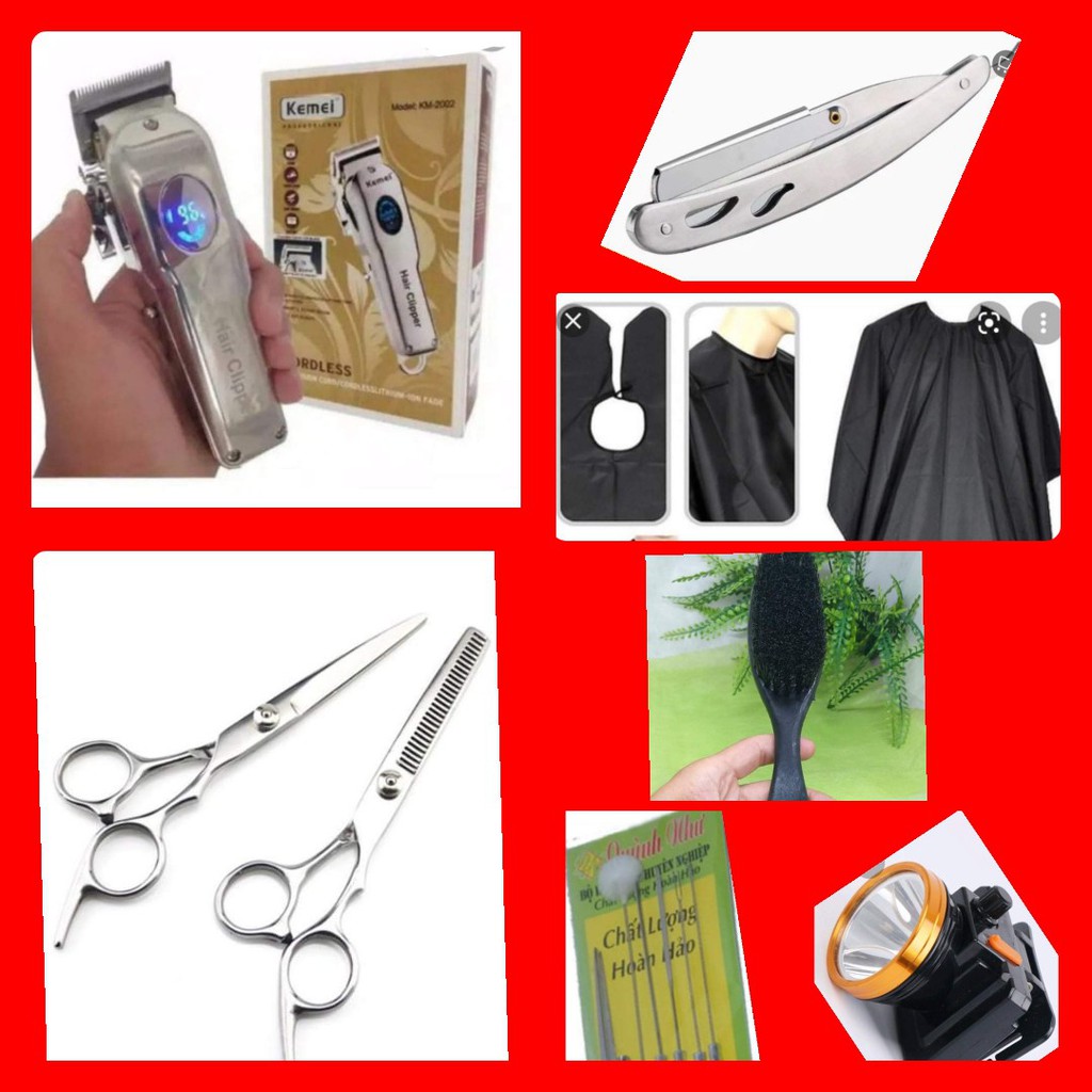 Bộ đồ nghề hớt tóc Chuyên nghiệp:Kemei 2002+bộ kéo cắt &tỉa+dao cạo Inox,áo choàng+chổi phủi+đèn ráy tai&dụng cụ ráy tai