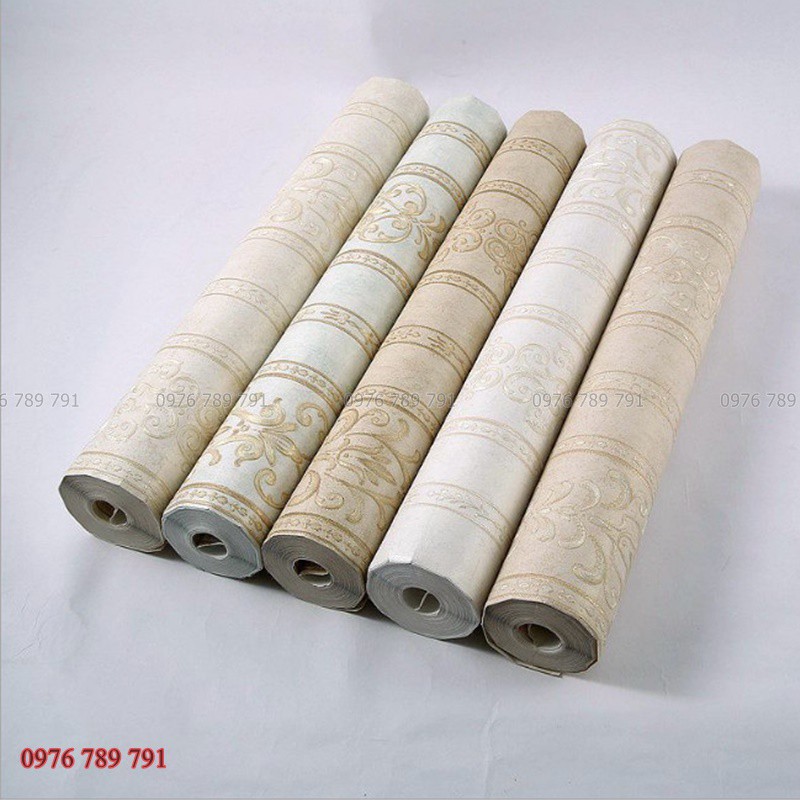 10m Giấy Dán Tường Hoa Văn Cổ Điển Dải Dọc Cho Phòng Khách, Lụa Không Keo, Màu Vàng Đồng, Trắng, Nâu