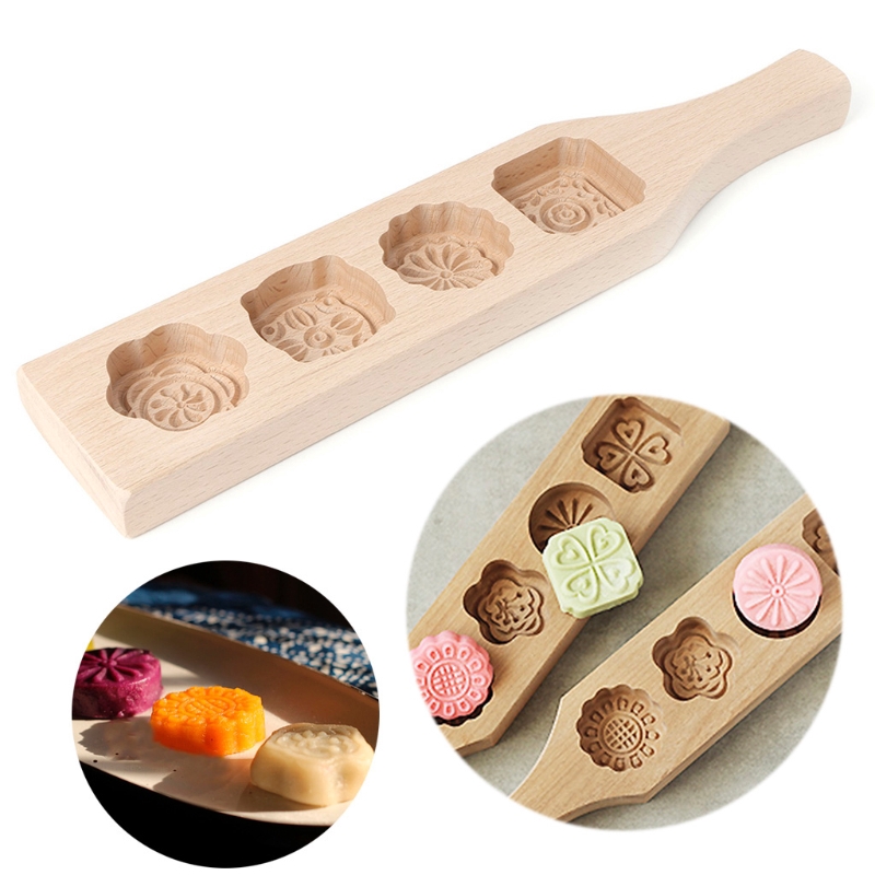 yoodada Wooden 4 Flower Muffin Mooncake Mold Biscuit Chocolate Mould DIY Random Pattern