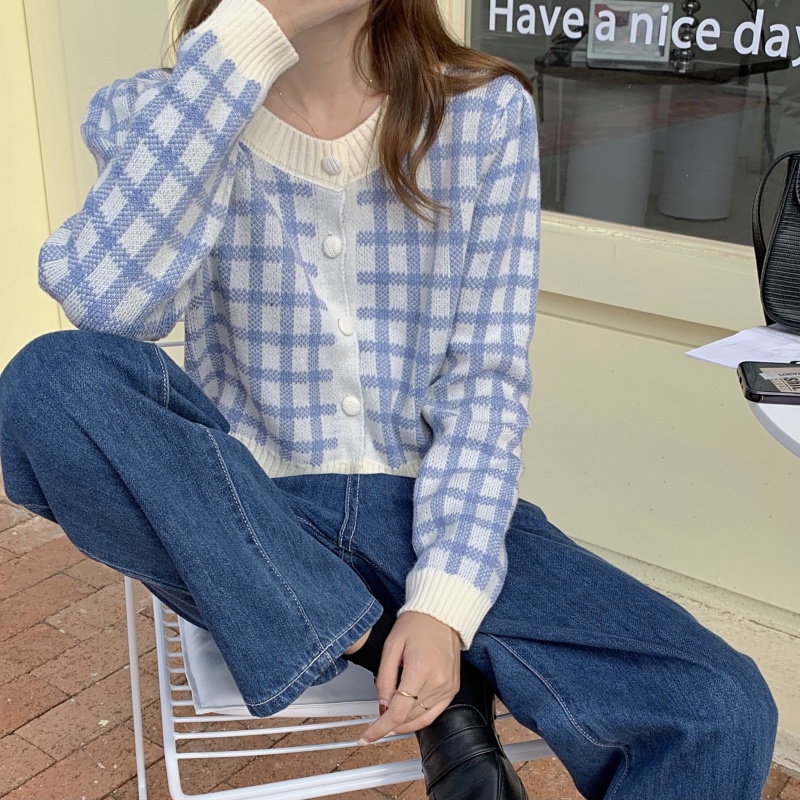 Áo khoác cardigan dệt kim tay dài họa tiết sọc caro phong cách Hàn Quốc thanh lịch