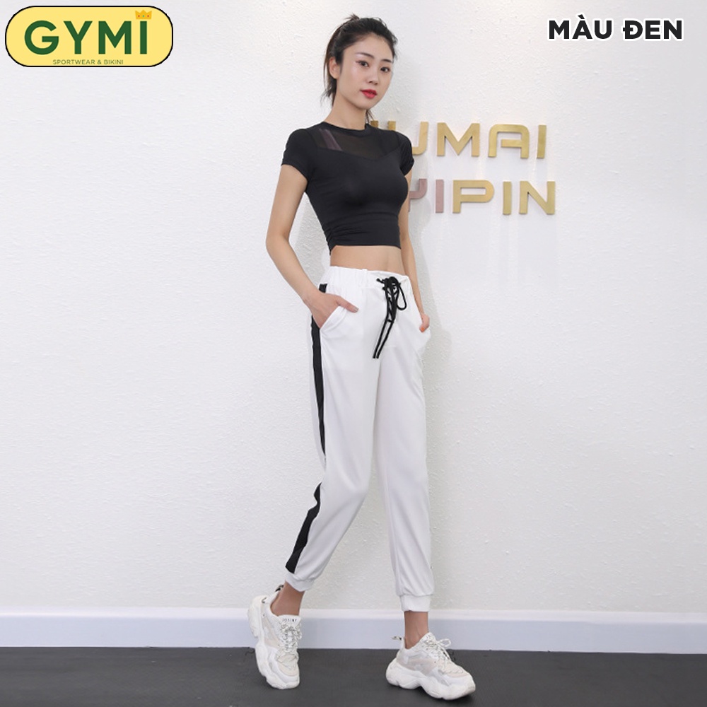 Áo croptop tập gym yoga nữ chất thun lạnh GYMI AC20 dáng cộc ngắn tay phối lưới trước ngực kèm nhúm eo