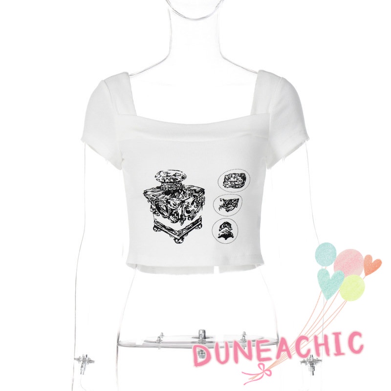 DUNEA Áo Thun Crop Top Tay Ngắn Cổ Vuông In Họa Tiết Thời Trang Cho Nữ