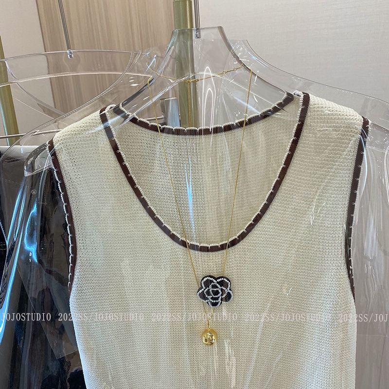 Áo Thun Dệt Kim Không Tay In Hình Hoa Trà Sang Trọng Độc Đáo Thời Trang Mùa Hè Mới Cho Nữ