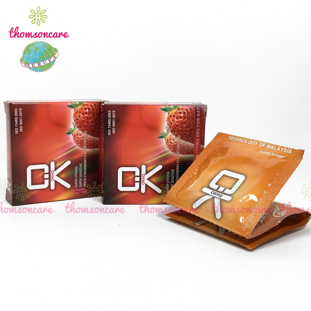 Bao cao su Ok hương dâu - giao hàng kín đáo, che tên sản phẩm - Hộp 3 chiếc bcs condom mỏng