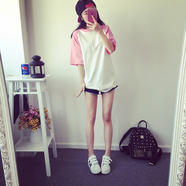 Áo Thun Nữ  Ngắn Tay Vải Cotton Mềm Co Giãn Phối Màu Tay Áo