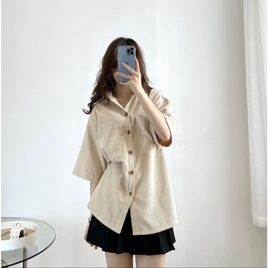 Áo sơ mi nhung tăm cộc tay nữ A8429 Áo có túi ngực Form rộng Unisex phong cách Retro Hàn Quốc xinh xắn cực dễ phối đồ