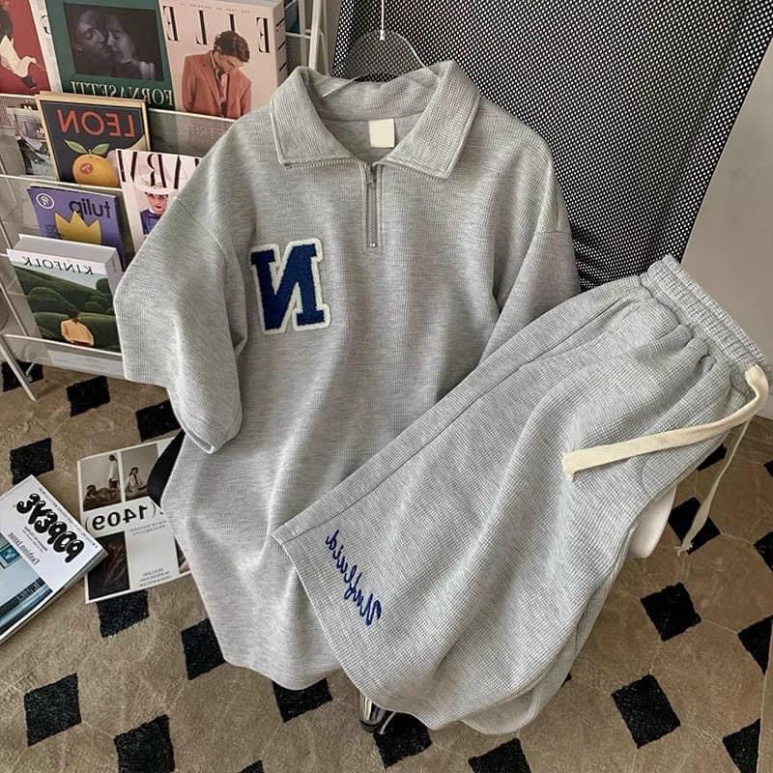 Set đồ nam nữ form rộng unisex, áo polo khóa kéo kèm quần short đùi thêu logo chất liệu cotton tổ ong nhiều màu