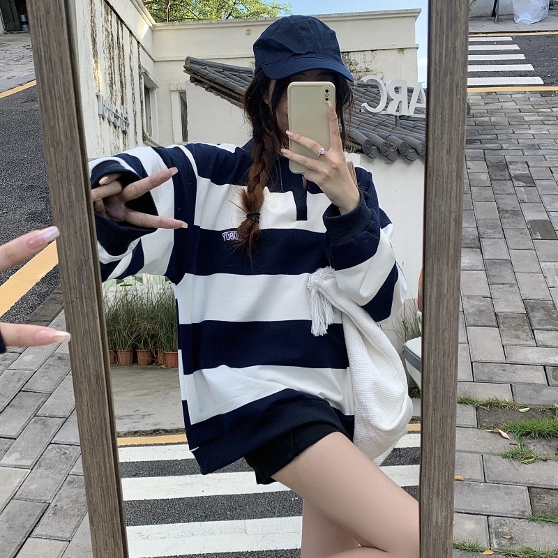 Áo thun polo ZHELIHANGFEI tay dài kẻ sọc thêu họa tiết kiểu retro dễ phối đồ