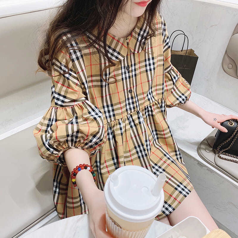 Áo Sơ Mi Tay Phồng Cổ Búp Bê Họa Tiết Kẻ Sọc Phong Cách Hàn Quốc Ngọt Ngào Cho Nữ
