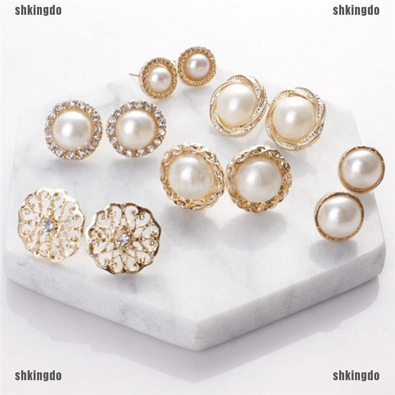 Set 6 đôi khuyên tai đính đá + ngọc thời trang cho nữ