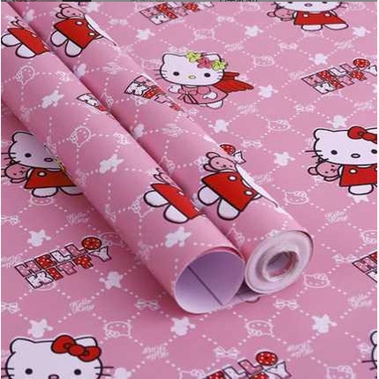 Giấy dán tường Hello Kitty hồng có keo sẵn phòng ngủ 10m cho bé hoạt hình dày nhám giá rẻ Ovivi