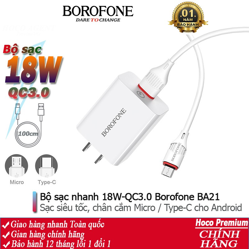 Bộ sạc nhanh Borofone BA21 cổng USB 18W, QC 3.0 đầu Micro, Type-C dây cáp dài 1m - Chính hãng