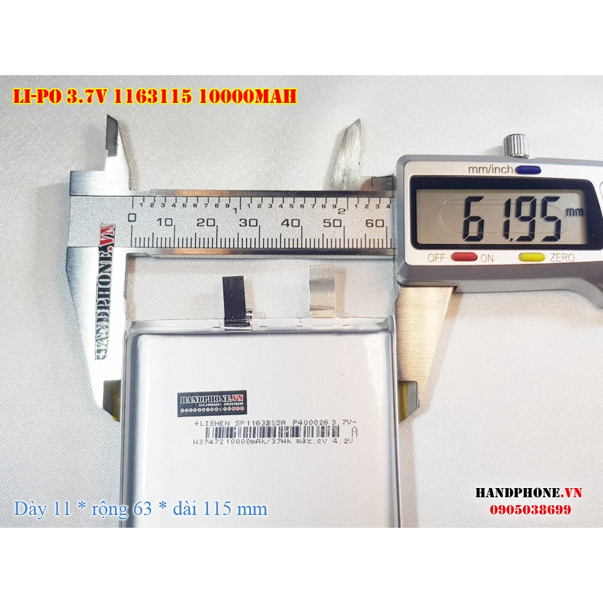 Pin Li-Po 3.7V 1163115 10000mAh (Lithium Polyme) cho Loa Bluetooth, Pin Dự Phòng, Định Vị GPS, Camera, loại 2 dây, 3 dây