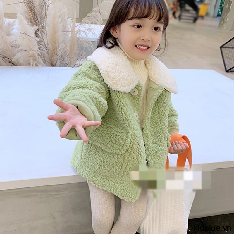 Áo khoác cardigan lông cừu tay dài cổ bẻ màu xanh lục giữ ấm phong cách ngày thường cho bé gái