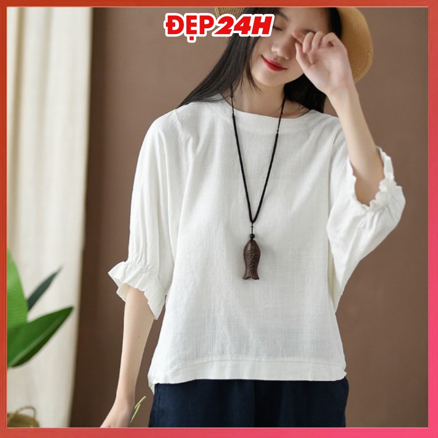 ❁♣Áo kiểu nữ Hàn Quốc, đũi cổ tròn tay lỡ Đẹp 24 giờ, form rộng che khuyết điểm AKH.45 | BigBuy360 - bigbuy360.vn